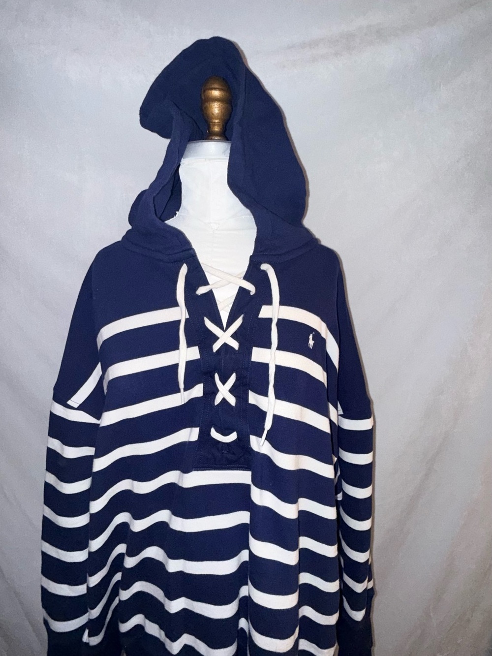 Polo Ralph Lauren M/L Newport Navy White Striped Lace-Up Fleece Hoodie